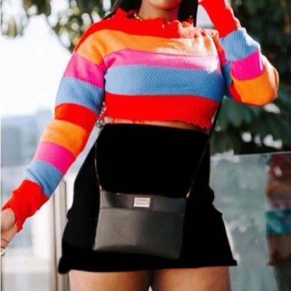 💋Rainbow Striped Knit 🧶 Half Turtleneck Crop Sweater - Picture 2 of 7